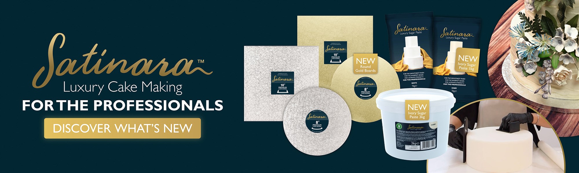 New Satinara Ivory Sugar Paste and Gold Boards