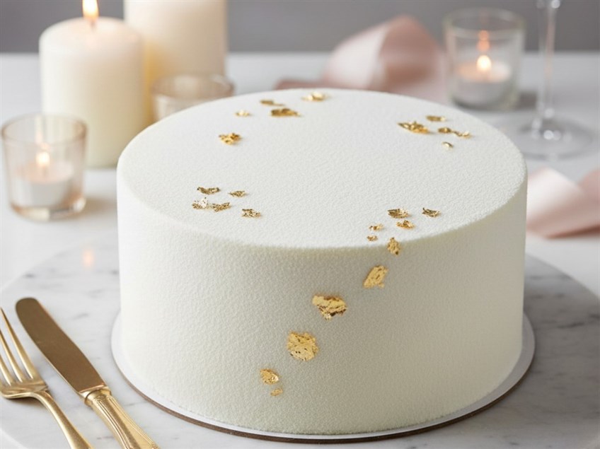 White round cake with gold leaf detail