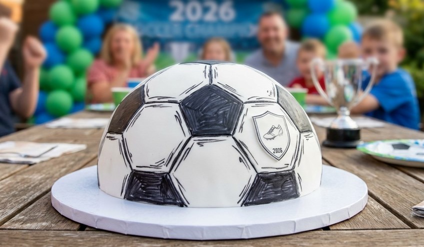 cartoon style football cake at an outdoor end of season celebration.