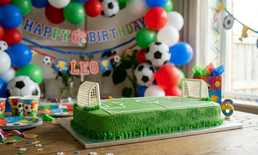 Football birthday cake on rectangular board.