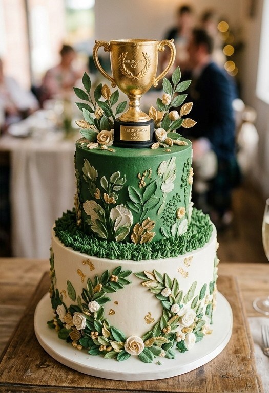 Botanical Bas-Relief 2 tier football cake with green and gold decorations