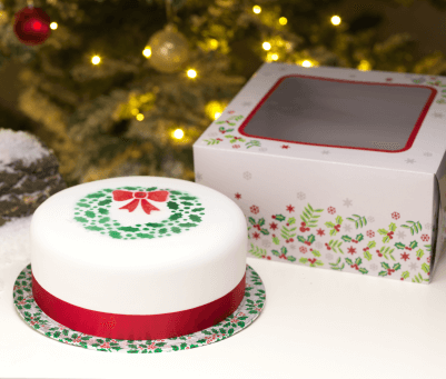 Christmas cake box and Christmas cake on a cake board