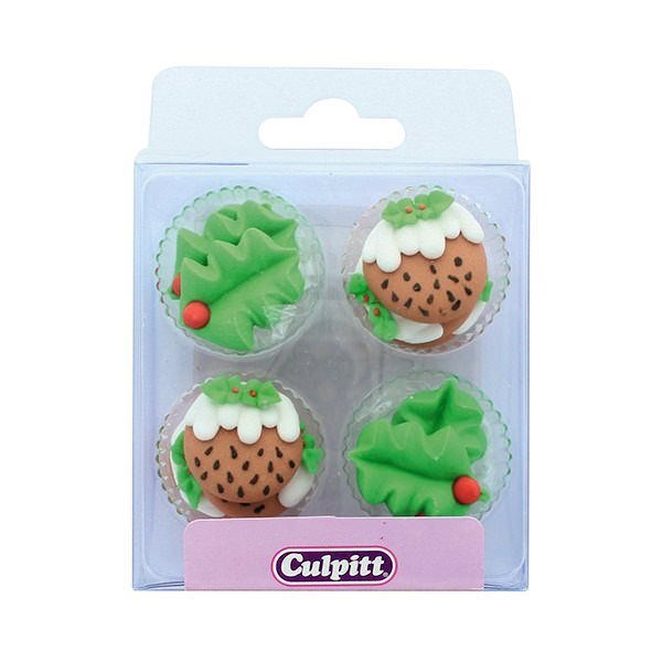 Culpitt Holly and Christmas Puddings Sugar Cake Decorations - Pack of 12