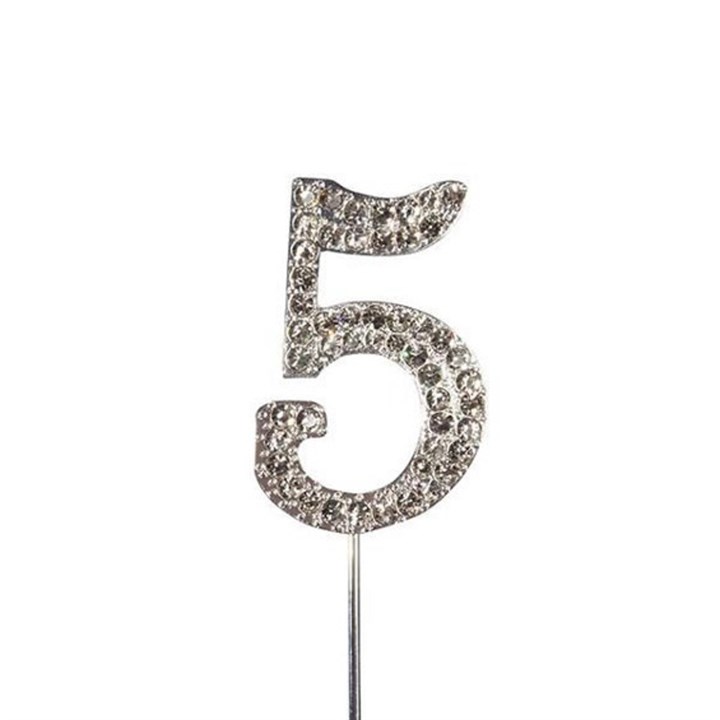 Diamante Number '5' on Silver Stem