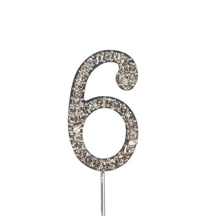 Diamante Number '6' on Silver Stem