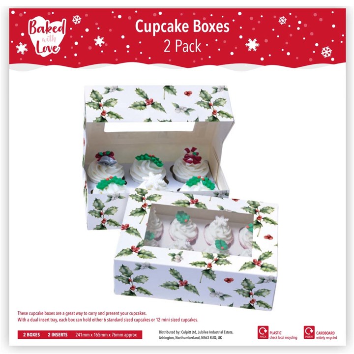 Vintage Holly 6 Hole Christmas Cupcake Boxes - Twin Pack