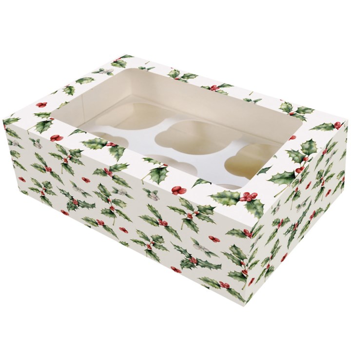 Vintage Holly 6 Hole Christmas Cupcake Box