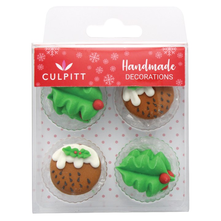 Culpitt Holly and Christmas Puddings Sugar Cake Decorations - Pack of 12