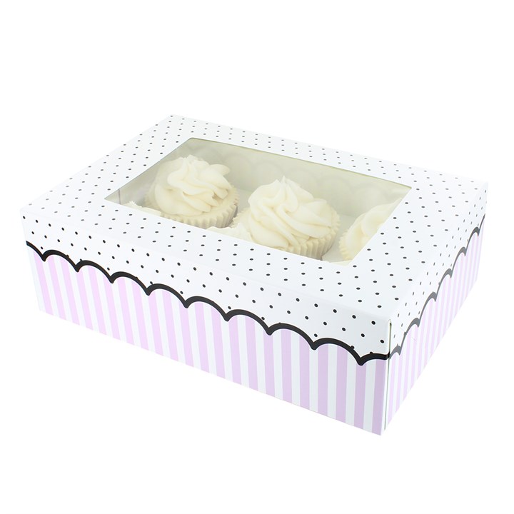 6 or 12 Hole Patterned Cupcake Box - Spots and Stripes
