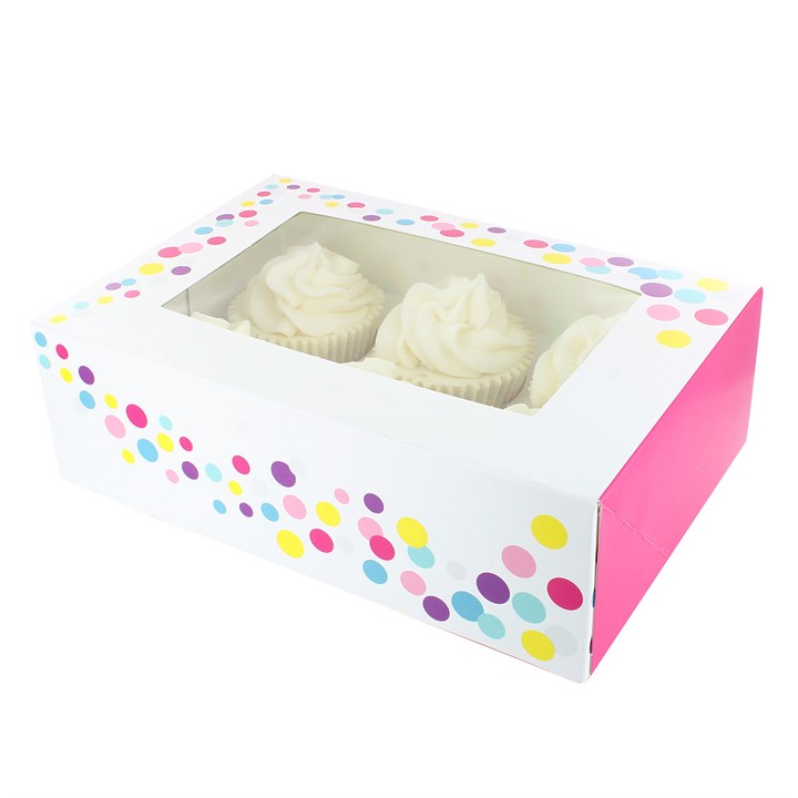 6 or 12 Hole Patterned Cupcake Box - Pink Confetti