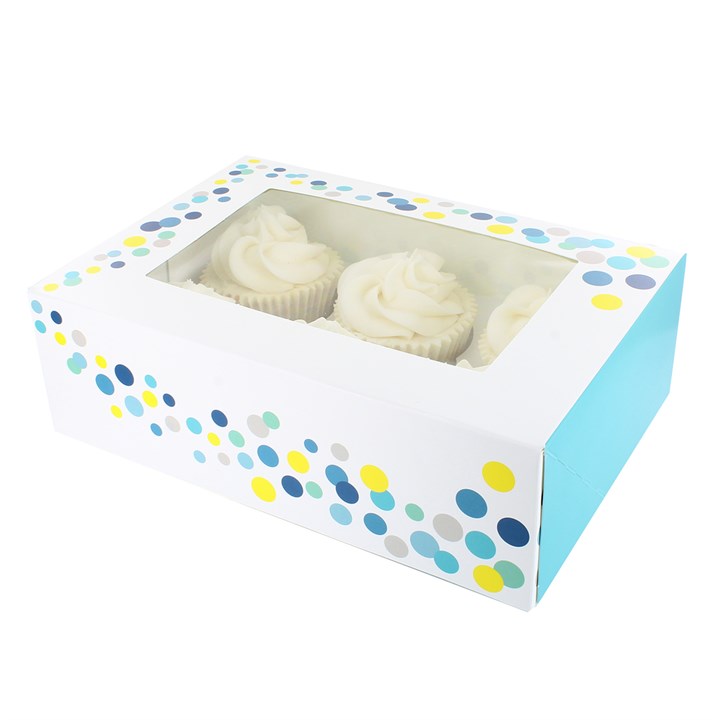 6 or 12 Hole Patterned Cupcake Box - Teal Confetti