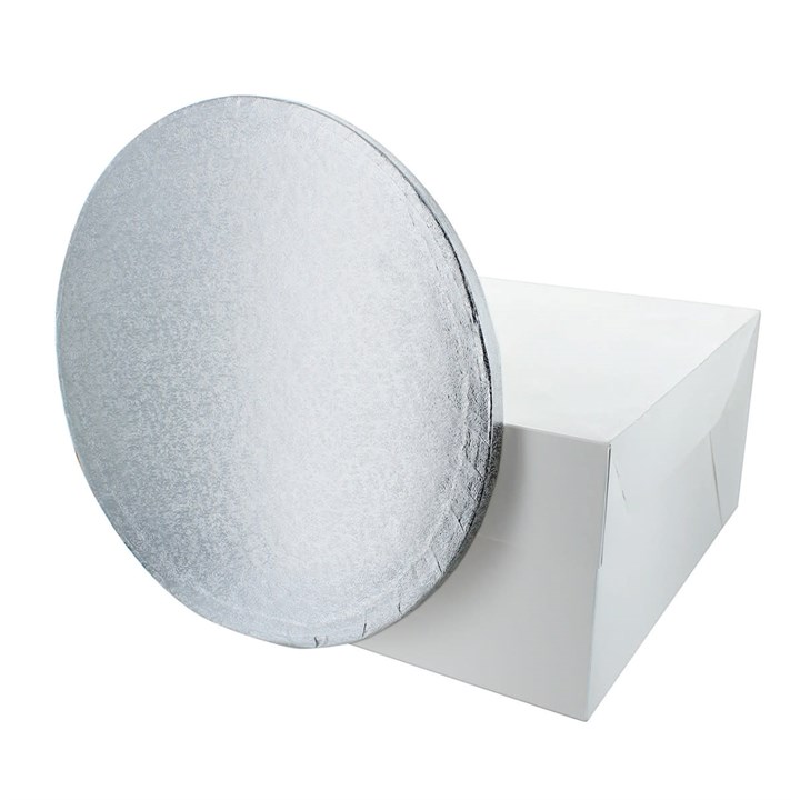 9" Round Silver Cake Drum Board & White Cake Box Combo