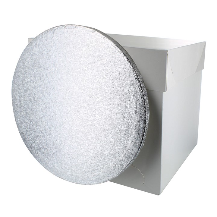 14" Round Silver Cake Drum Board & Tall White Cake Box Combo