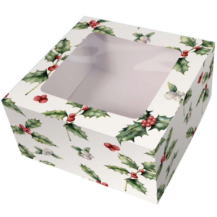 Vintage Holly Christmas Cake Box - 6"